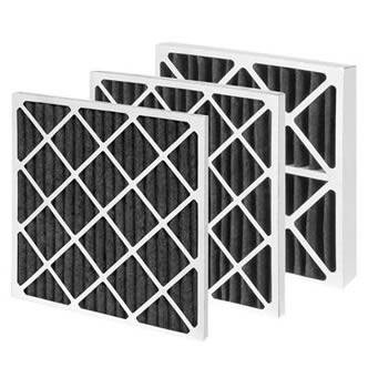 Three pieces of pleated carbon filters with paperboard frame on the white background.
