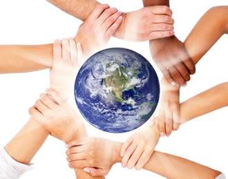 Eight persons hold up the earth hand in hand.